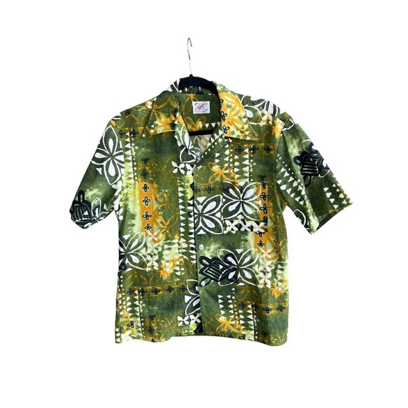 Vintage 60's Hawaiian Green Tribal Barkcloth Loop Collar Sears Shirt - Picture 4 of 12